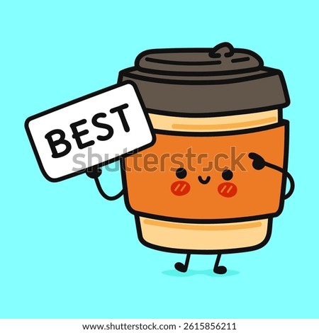 A cute cartoon Coffee cup character is holding a sign with the word best against a vibrant blue backdrop.