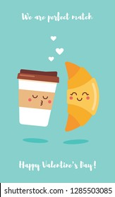 Cute cartoon coffee cup and croissant valentine's day vector greeting card