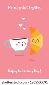 Cute cartoon coffee cup and croissant valentine's day vector greeting card