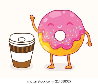 cute cartoon coffee cup and donut character. vector food illustration