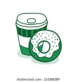 cute cartoon coffee cup and donut. vector food illustration