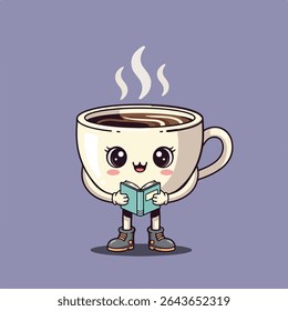 A cute cartoon coffee cup with eyes and a mouth reads a blue book on a light purple background.