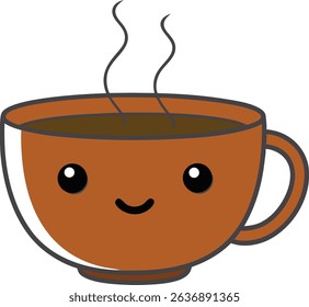 Cute cartoon coffee cup with a happy face and rising steam. Adorable flat style illustration perfect for cafés, breakfast themes, or beverage-related designs. Ideal for print or web use.