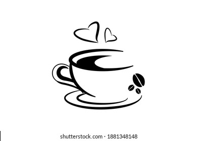 cute cartoon coffee cup with hot coffee outline design with coffee beans, saucer, round bottom cup vector icon for café backgrounds, menu covers illustration. 