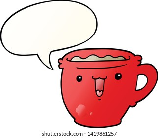 cute cartoon coffee cup with speech bubble in smooth gradient style