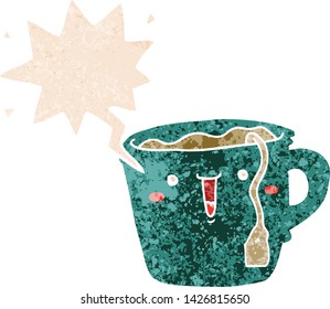 cute cartoon coffee cup with speech bubble in grunge distressed retro textured style