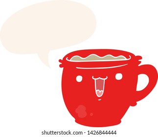 cute cartoon coffee cup with speech bubble in retro style