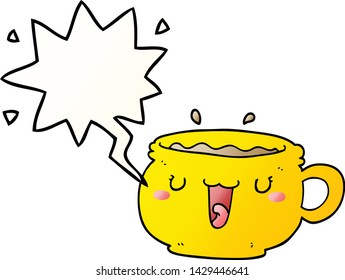 cute cartoon coffee cup with speech bubble in smooth gradient style