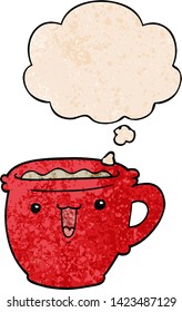 cute cartoon coffee cup with thought bubble in grunge texture style