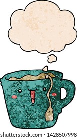 cute cartoon coffee cup with thought bubble in grunge texture style