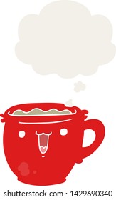 cute cartoon coffee cup with thought bubble in retro style