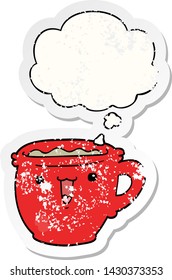 cute cartoon coffee cup with thought bubble as a distressed worn sticker