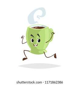Cute cartoon coffee green cup character running. Humanized mug with hot beverage. Morning breakfast mascot. Strong taste hot drink with steam. Vector illustration isolated on white.