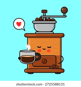 Carácter lindo del molinillo de café de la historieta con una expresión feliz del ojo cerrado, sosteniendo una taza caliente de café expreso con el vapor que sube, y un corazón en una burbuja del discurso, que simboliza un amor por el café