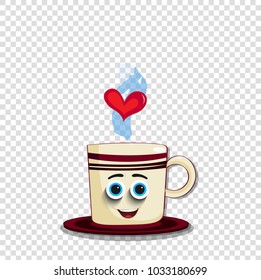 Cute cartoon coffee mug character with blue eyes on funny smiling face and heart in smoke isolated on transparent background, Vector illustration, love clip art for valentines day, wedding, dating 