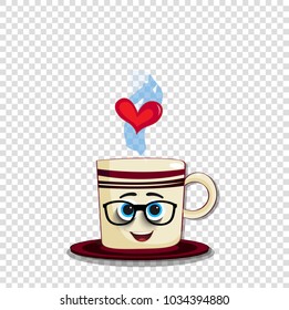 Cute cartoon coffee mug character with striped print, funny face, glasses and heart in steam isolated on transparent background, Vector illustration, love clip art for valentines day, wedding, dating 