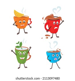 Cute cartoon coffee mug and cups characters set. Good and evil emotions. Vector drawing.