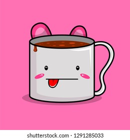 cute cartoon coffee mug with kawaii character vector illustration