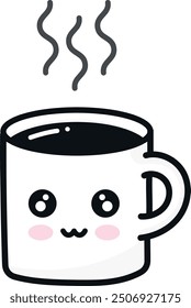 Cute cartoon coffee mug with steam, kawaii style.