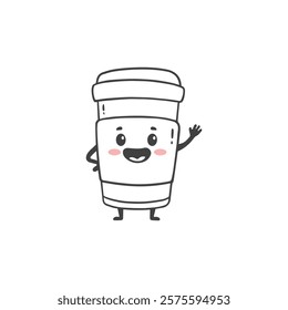 Cute cartoon coffee paper cup for a postcard, textiles, decor, poster. Coffe takeaway cup in doodle style.  Vector illustration
