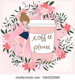 Cute cartoon coffee please girl in pink floral frame,illustration vector by freehand doodle comic art