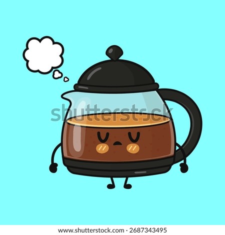Cute cartoon coffee pot character feeling sad and tired, looking down with a blank thought bubble above its head