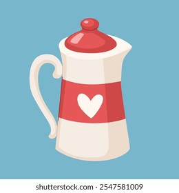 Linda cafetera de dibujos animados. Cafetera blanca con tapa roja y corazón. Bebidas calientes. Fondo azul.