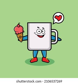 Cute Cartoon coffee tea cup mascot holding ice cream cone cute modern style design for t-shirt, sticker, logo element