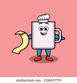 Cute cartoon coffee tea cup chef mascot character with menu in hand cute modern style design for t-shirt, sticker, logo elements