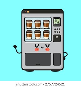Cute cartoon coffee vending machine character presenting itself, showing a friendly smiling face with blush cheeks and waving a hand, offering cups of fresh hot coffee for sale
