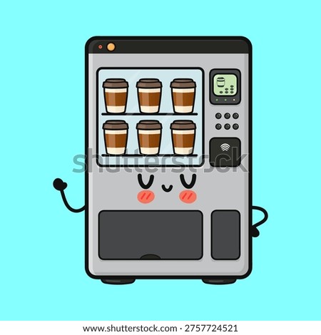 Cute cartoon coffee vending machine character presenting itself, showing a friendly smiling face with blush cheeks and waving a hand, offering cups of fresh hot coffee for sale