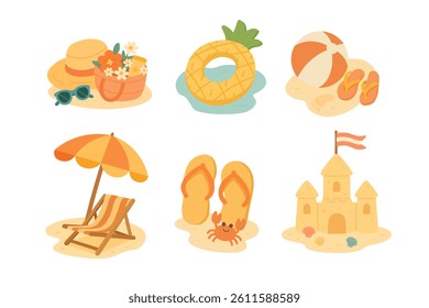 Cute cartoon collection of beach objects including hat, ball, flipflops, towel, book and castle.