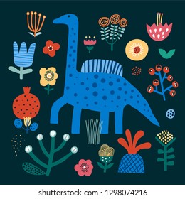 Colección de dibujos animados - flores y dino. Dinosaurios divertidos y plantas tropicales. Juego de doodle vectorial dibujado a mano para niños.