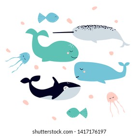 Cute cartoon collection of vector drawings on the theme of sea animals - the killer whale, narwhal, jellyfish, fish, whale.  For Celebration International Day of the Whales. 