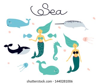 Cute cartoon collection of vector drawings on the theme of sea animals - mermaid; sea horse; the killer whale, narwhal, jellyfish, fish, whale. Art can be used for childish books, placard, postcard.