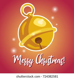 Cute cartoon color comic style illustration of Christmas jingle bell gold ball on green background with sparkles shining light. Greeting card design background template