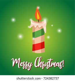 Cute cartoon color comic style illustration of flaming Christmas candle with ribbon stripes decoration on green background with sparkles shining light. Greeting card design background template