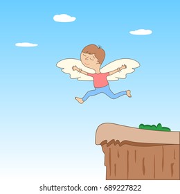 Cute cartoon colored character with wings soaring off a cliff on blue sky background. The Concept Of Icarus. Vector illustration