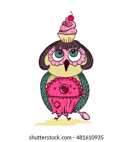 Cute cartoon colored owl with cake on the head. Young lady cartoon chef style. Black and white coloring book page design