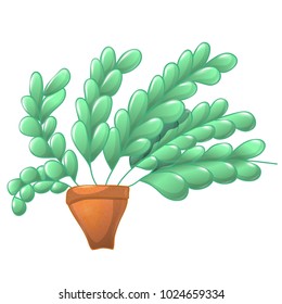 Cute cartoon colored plant in simple pot. Long branches with small green leaves and brown pot. 