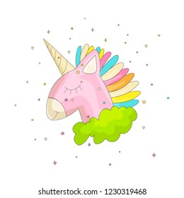 Cute cartoon colored unicorn vector illustration. Cute happy unirorn with horn and colored hair, pink unirorn in green cloud with decoration elements. Magic animals - sleeping unirorn icon