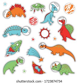 cute cartoon colored variety of dinosaurs astronauts stickers with outline for cutting, vector. Tyrannosaurus, Diplodocus, stegosaurus, Triceratops