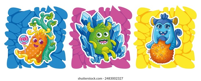 Lindos monstruos alienígenas coloridos de dibujos animados. Conjunto de monstruos de Vector.