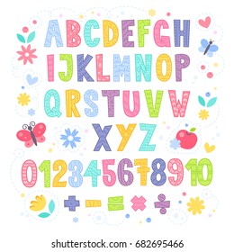 Cute cartoon colorful alphabet for children with hand drawn typography, letters and figures, isolated on white background