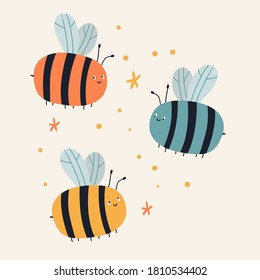 Cute cartoon colorful bees with flowers. Vector flat illustration. Great design element for sticker, patch or poster. 