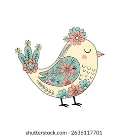 Cute cartoon colorful bird in boho style on white background