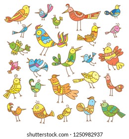 Cute cartoon colorful birds set. Vector contour image. Doodle style. Children's illustration. Funny animals.