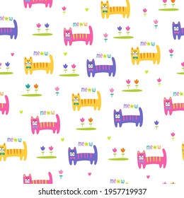 Cute cartoon colorful cats and flowers seamless pattern