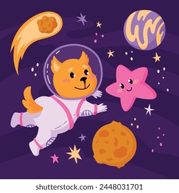 Personajes coloridos de dibujos animados lindos: perro astronauta en traje espacial, estrella, asteroide, cometa y planeta en el espacio exterior. Cero gravedad e ingravidez