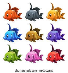 Cute cartoon colorful fishes set. Vector underwater icons for aquarium game design. Isolated on white.
